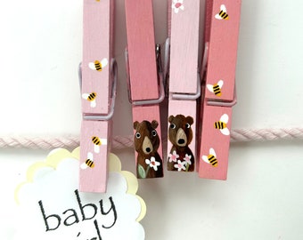 BLACK BEAR CLOTHESPINS hand painted magnets bears and honey bees woodland baby girl shower forest theme nursery bears with flowers