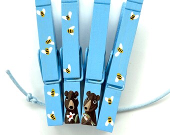 BLACK BEAR CLOTHESPINS hand painted magnets bears and honey bees woodland baby shower forest theme nursery bears with flowers