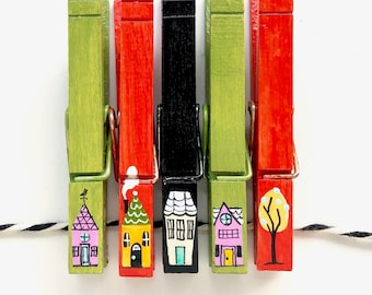 LITTLE LONDON HOUSES clothespins hand painted Magnets baby shower favor photo display chip clip place card holder Madeline party favor