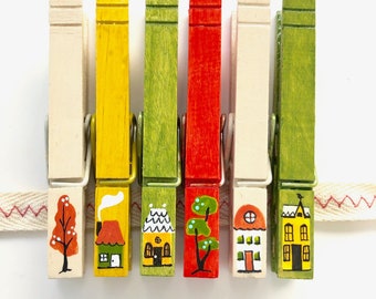 LITTLE HOUSES clothespins hand painted Magnets baby shower favor photo display chip clip place card holder Madeline party favor street scene