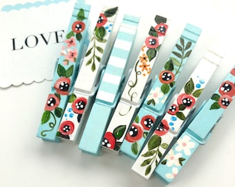 PAINTED CLOTHESPIN magnets personalized hand painted flowers gift topper office gift desk organizer holiday card display clip