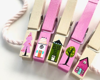 LITTLE LONDON HOUSES clothespin hand painted Magnet baby shower house warming photo display chip clip place card holder Madeline party favor