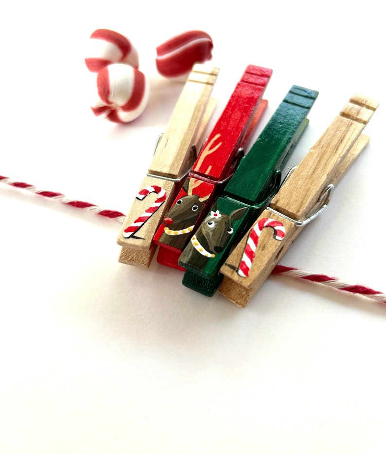 CHRISTMAS CLOTHESPIN Reindeer Candy Cane Snow Covered Trees Christmas