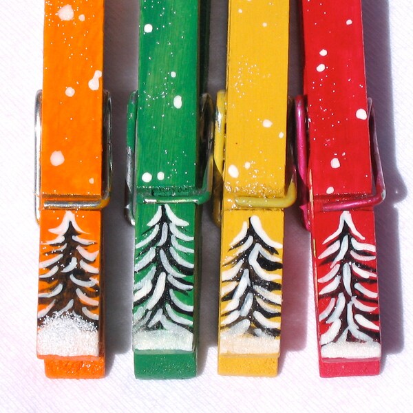 SNOW COVERED TREES hand painted magnetic clothespin set