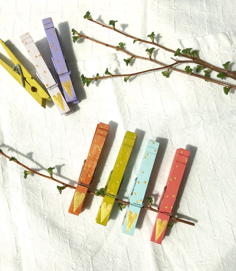 WEDDING CLOTHESPINS Hand Painted Peg Gold Heart Etsy