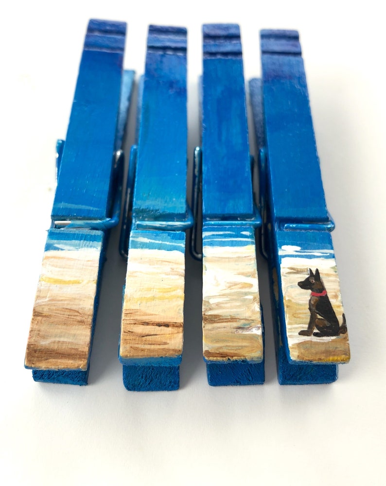 DOG at the BEACH CLOTHESPINS German Shepherd hand painted magnets coastal ocean seaside
