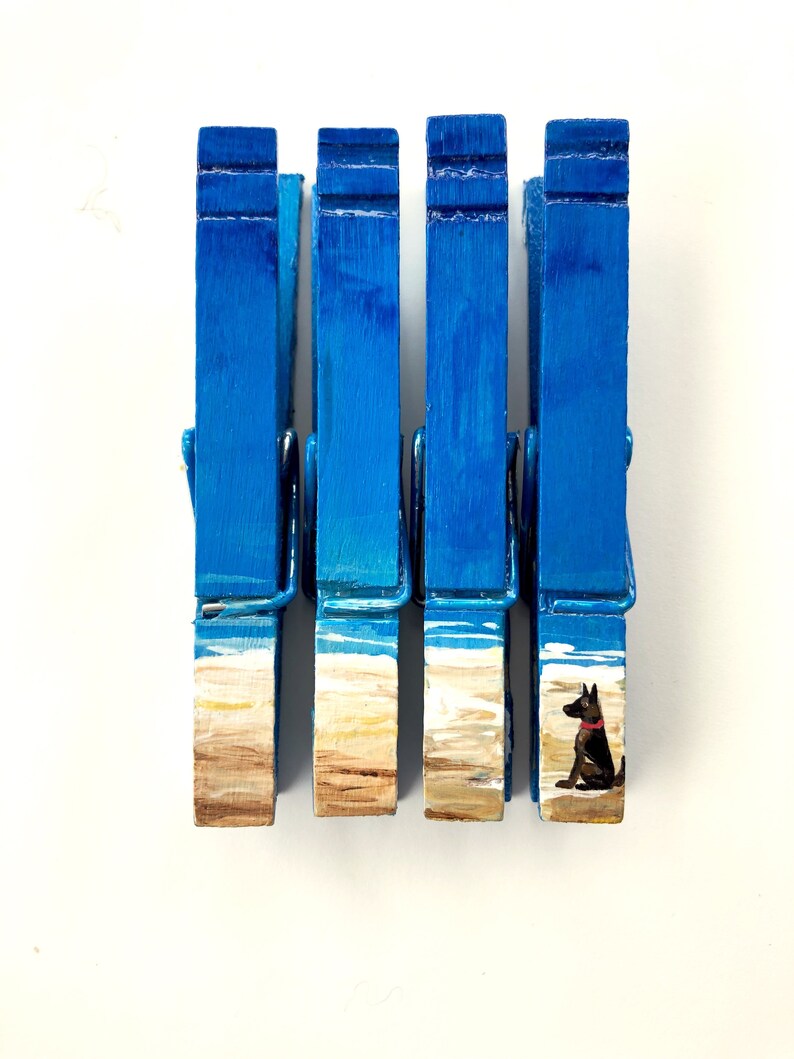 DOG at the BEACH CLOTHESPINS German Shepherd hand painted magnets coastal ocean seaside