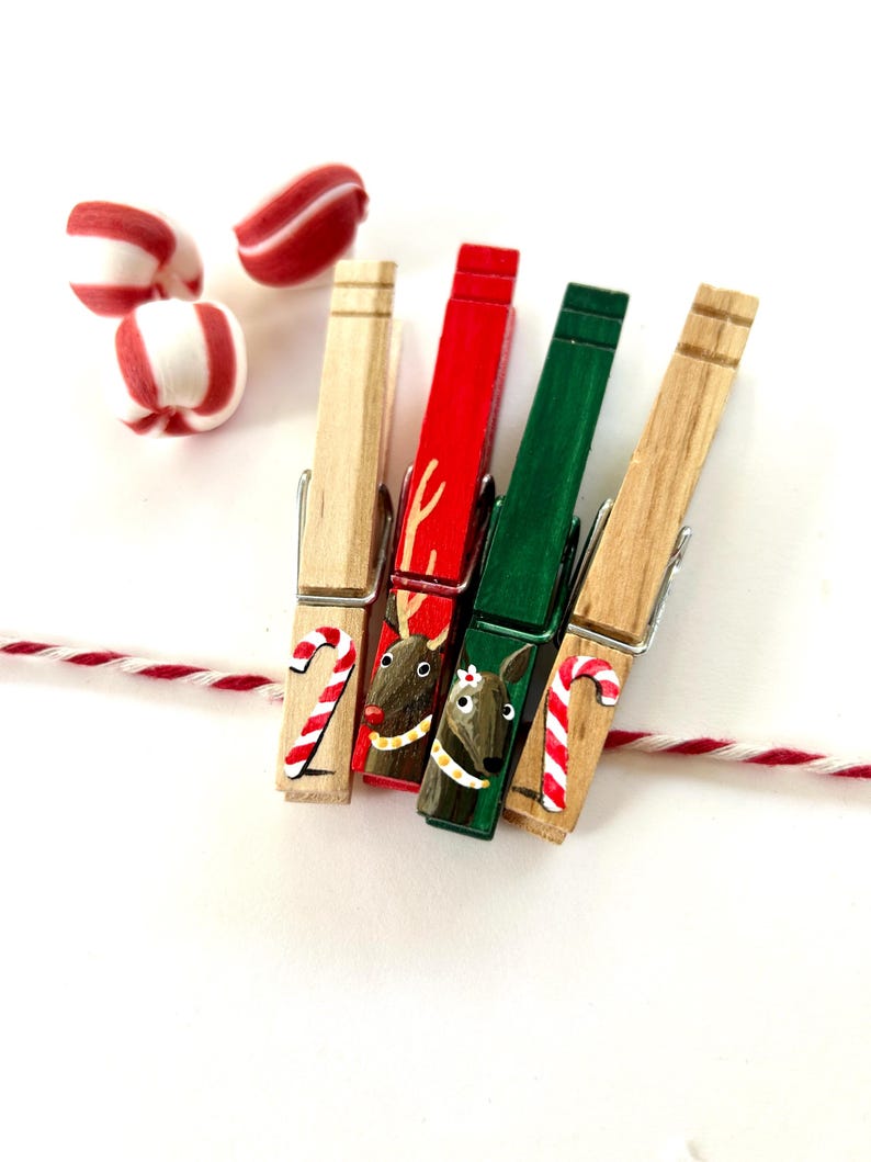 CHRISTMAS CLOTHESPIN Reindeer Candy Cane Snow Covered Trees Christmas