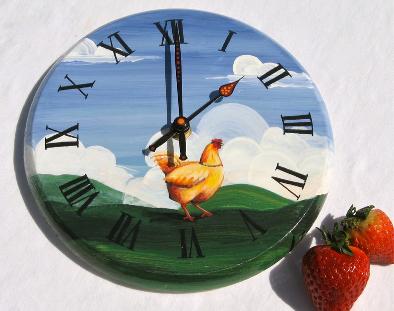 ROOSTER CLOCK hand painted clock primitive decor country farmhouse chicken roman numeral