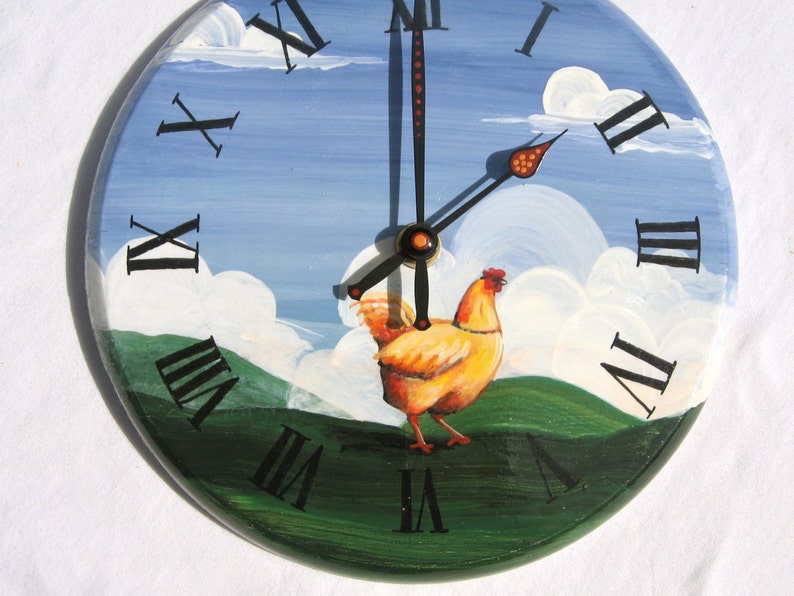 ROOSTER CLOCK hand painted clock primitive decor country farmhouse chicken roman numeral