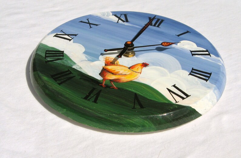 ROOSTER CLOCK hand painted clock primitive decor country farmhouse chicken roman numeral