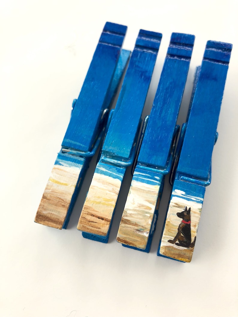 DOG at the BEACH CLOTHESPINS German Shepherd hand painted magnets coastal ocean seaside