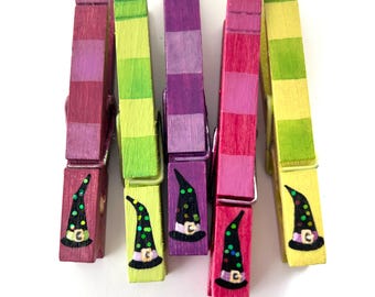 Hand Painted Witch Hat Clothespin Treat Bag Toppers: Halloween Party Favors, Set of 5