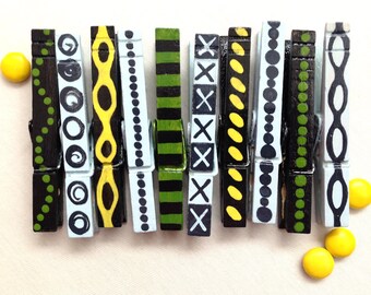 PATTERNED CLOTHESPINS hand painted magnets light blue green yellow black