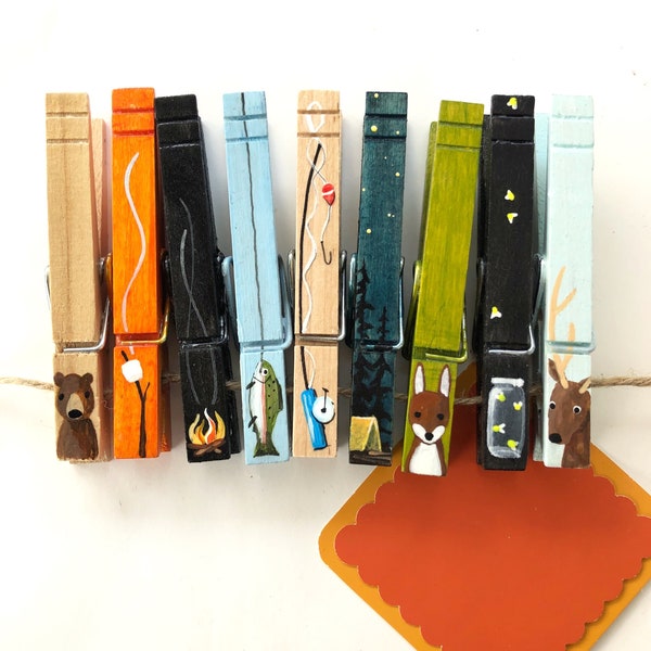 CAMPING THEMED CLOTHESPINS fishing pole toasted marshmallow trout fireflies woodland creature picture holder camping gift bear tent fox deer