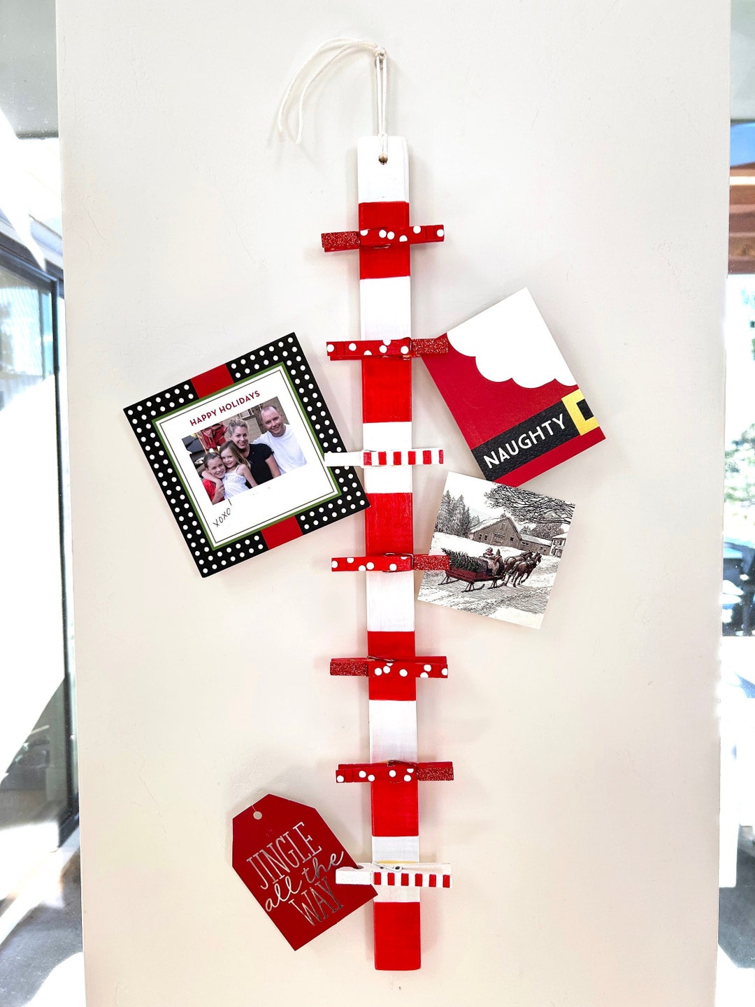 Christmas Card Holder Christmas Clothespins Glitter Card Display Candy Canes Painted Clothespin