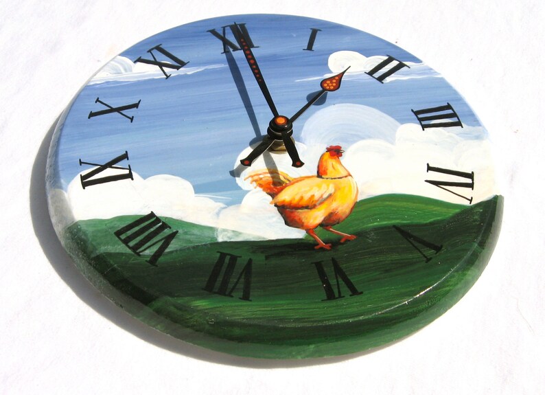 ROOSTER CLOCK hand painted clock primitive decor country farmhouse chicken roman numeral