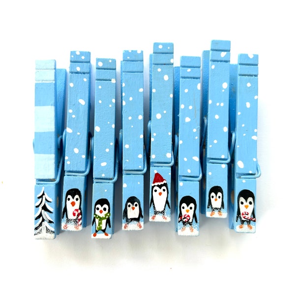 CHRISTMAS PENGUIN CLOTHESPINS blue Christmas hand painted magnetic clothespins Christmas card display place card holder gift topper