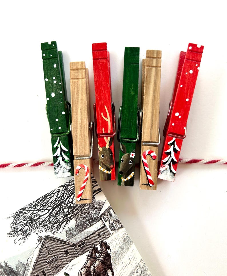 CHRISTMAS CLOTHESPIN Reindeer Candy Cane Snow Covered Trees Christmas