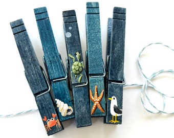 Beach Clothespins hand painted magnetic wooden clothespin sea turtle ocean theme ocean chip clips beach decor seashell seagull crab starfish