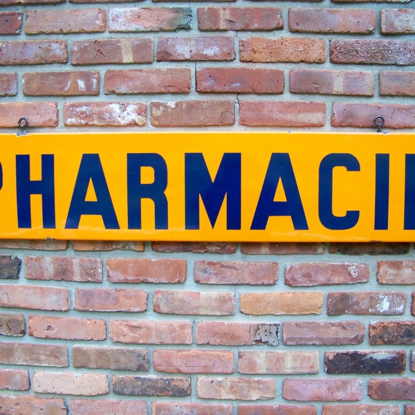 c. 1940's French Pharmacie Sign - Porcelain Enamel - Orange - Cobalt Blue - Pharmacy