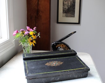 19th Century Black Lacquer Lap Desk with Purple Velvet Interior - French Napoleon III Writing Slope - Victorian Writing Desk