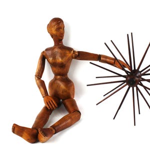 Early 32.5" Tall Female Articulated Wooden Artist Mannequin - Lay Figure - Artist Model