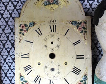 Early American Wooden Tall Case Clock Face - Floral Gilded Accents - Found Object - Wall Art - Curio - Collected Interiors