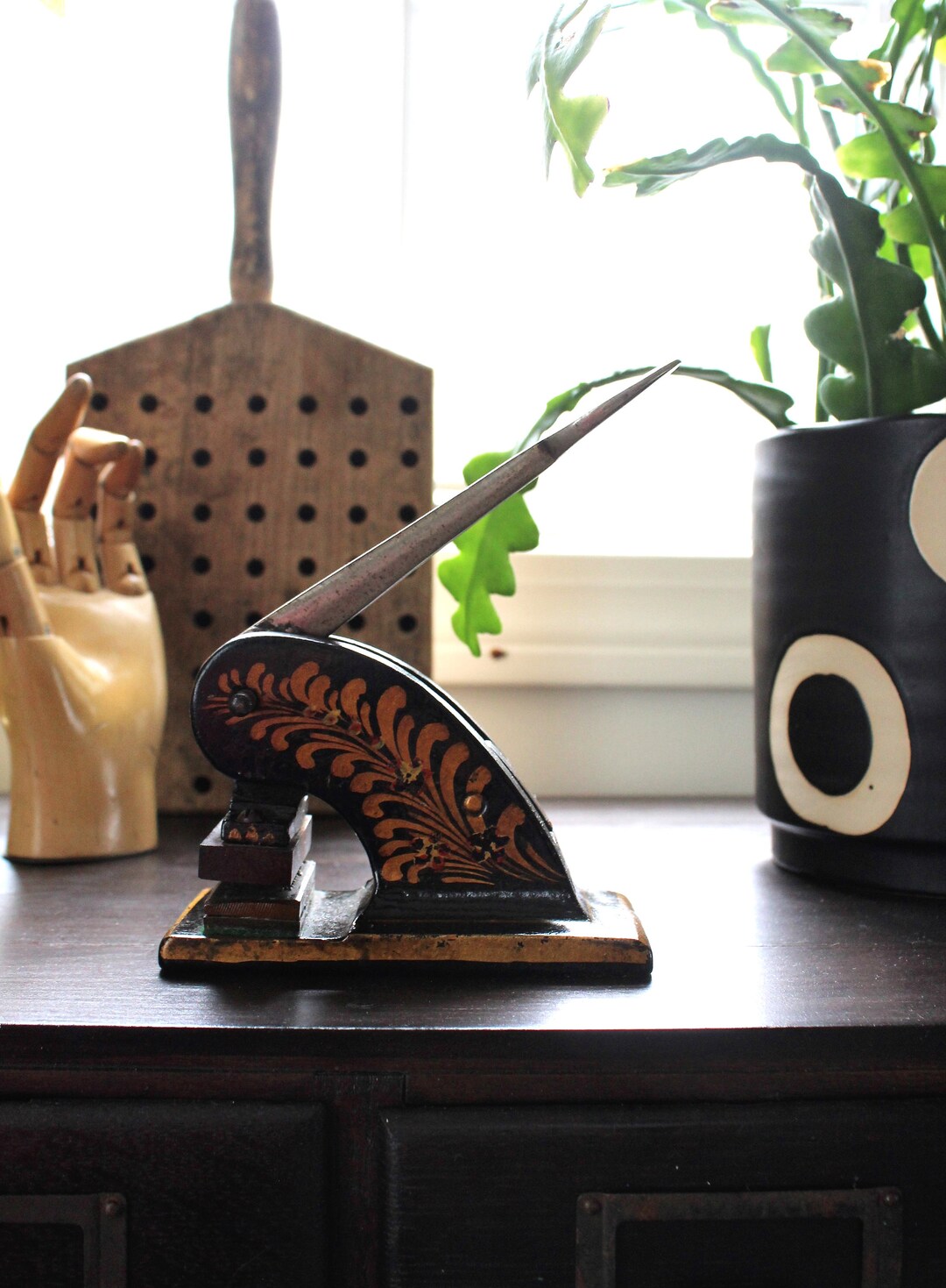 Antique Cast Iron Embosser Stamp Paper Art Hand Painted Embellished