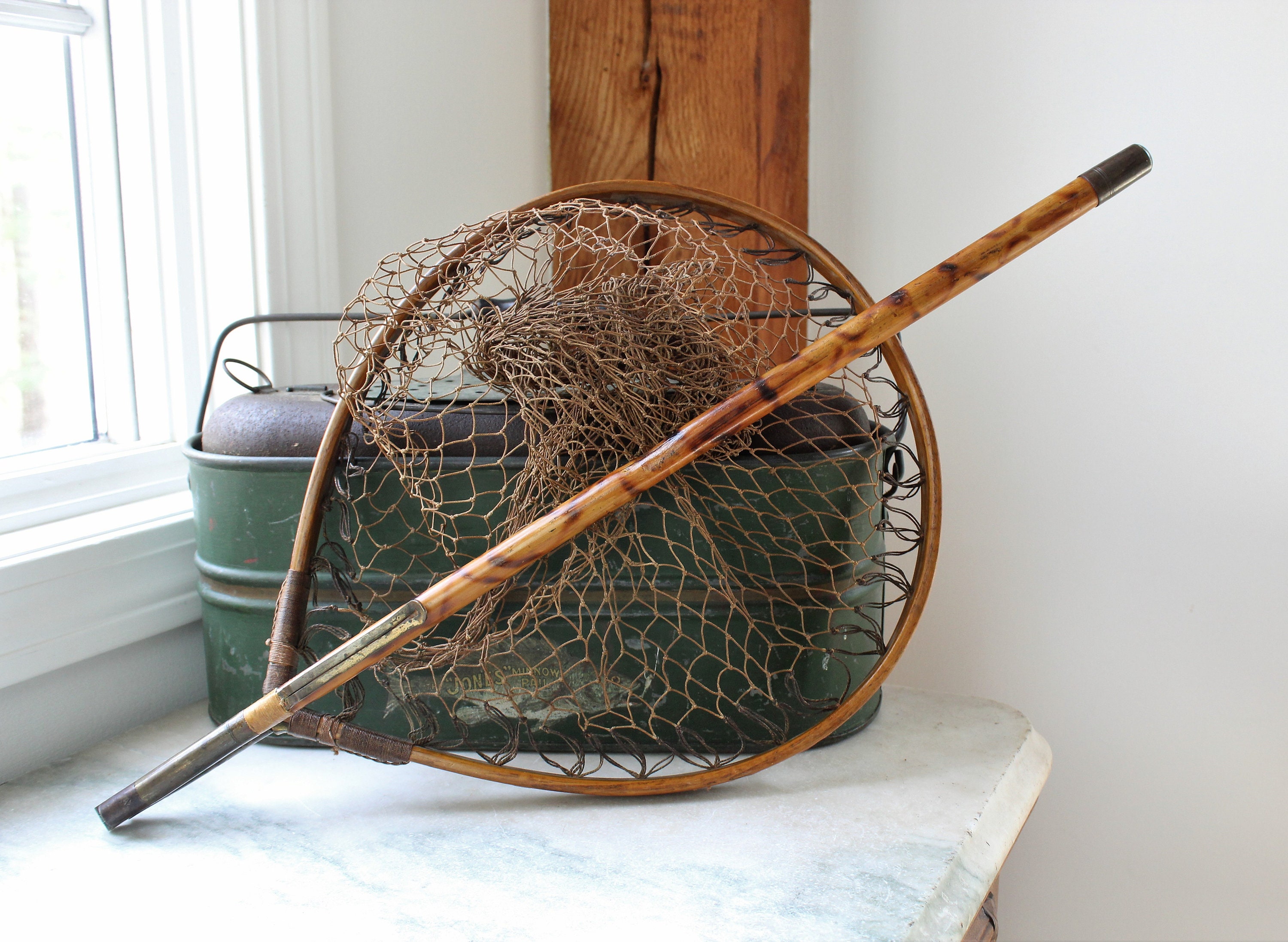Antique English Folding Fishing Net Bamboo Handle Brass Fittings
