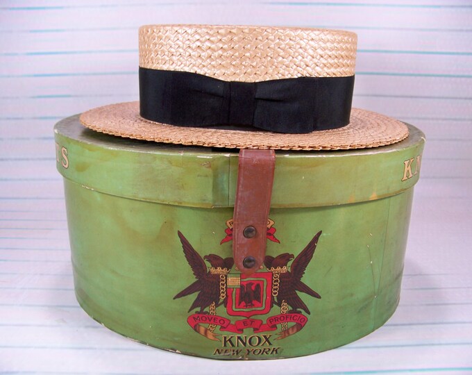 Early Knox Straw Boater and Hat Box Leather Strap Apple Green Etsy