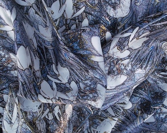 Snowdrop Flower Silk Crepe Satin Scarf in Silvery Greys, Black and White