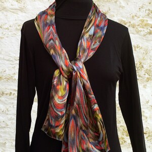 Five Spot Burnet Moth-Art Silk Crepe Satin Scarf in Burnt Orange, Greys and Green