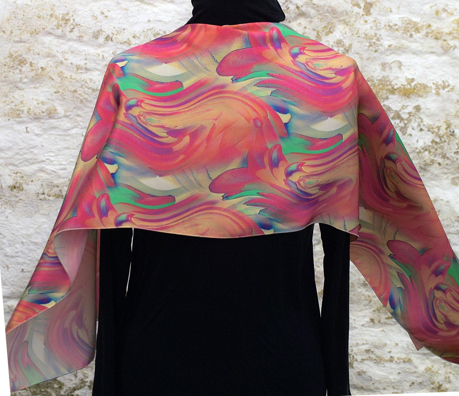 Camellia Waterlily Silk Crepe Satin Scarf in Spring and Summer shades of pink, yellow cream and green