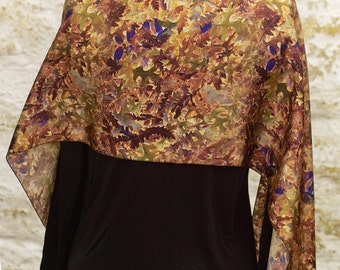 Oak Leaves Silk Crepe Satin Scarf in Soft Autumnal Shades of Brown