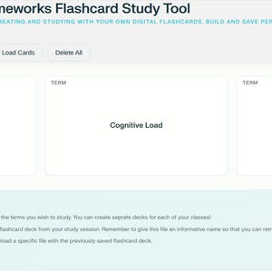 Peut inclure: Interface d'outil d'étude de cartes mémoire numériques "CogniWord Frameworks Flashcard Study Tool". L'interface comprend des boutons pour ajouter, enregistrer et charger des cartes, avec des sections pour des termes tels que "Neuroplasticité", "Charge cognitive" et "Répétition espacée".