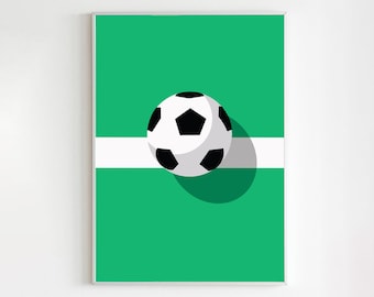 Fußball auf Feld druckbare Wandkunst, minimale Fußball Illustration Poster, Sport Geschenk für Spieler, Jungenzimmer, Spieltag Kunst