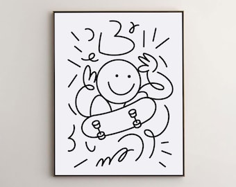Poster con illustrazione di skateboard, stampa artistica urbana di skateboard, decorazione murale di cultura di strada, regalo per skater, arte murale sportiva moderna, download digitale