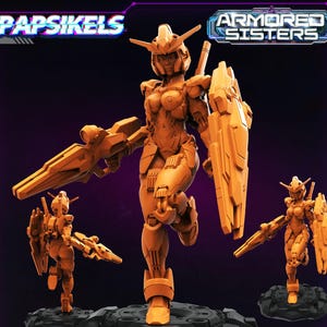 Puede incluir: Figura naranja impresa en 3D de una guerrera blindada con un arma y un escudo, en una pose dinámica. Pertenece a la colección "Armored Sisters", con el logo "Papsikels".