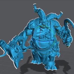 May include: A 3D-rendered model of a fantasy character, predominantly blue, with exaggerated features. The figure is muscular, wearing an apron, and holding a large axe and a curved blade. The character has horns and a stern expression.