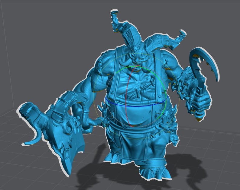 May include: A 3D-rendered model of a fantasy character, predominantly blue, with exaggerated features. The figure is muscular, wearing an apron, and holding a large axe and a curved blade. The character has horns and a stern expression.
