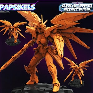 May include: An orange-toned armored figure with large wings, a shield, and a long weapon, on a black base. Two smaller versions of the figure are also present. The image includes the text "Papsikels" and "Armored Sisters".