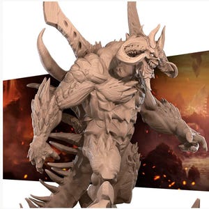 May include: A detailed, unpainted figurine of a monstrous creature with horns, sharp teeth, and spiky protrusions. The figure has large wings and a muscular build, with a menacing expression. The overall color is a neutral beige, suggesting it's ready for painting.