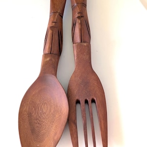 Vintage Mid Century Tiki Wooden Fork and Spoon Wall Decor Set, 12" Hand Carved Monkeypod Wood Tribal Face Kitchen Art, MCM Salad Servers