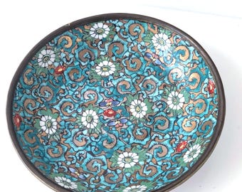 Vintage Chinoiserie Brass Encased Bowl - Hand Painted Japanese Porcelain Ware - Turquoise Floral Catchall Dish Decorated in Hong Kong - Y.Y.