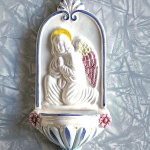 Hand-Painted Vintage Italian Ceramic Holy Water Font or Wall Pocket with Angel