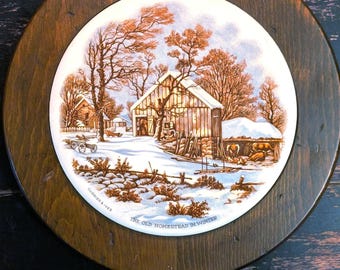 Vintage Trivet or Wall Hanging Artwork Currier and Ives The Old Homestead in Winter