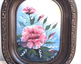 Vintage Künstler-signiertes Original Ölgemälde mit rosa Blumen in verzierten Rahmen