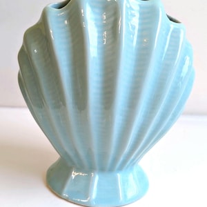 Vintage Blue Ceramic Seashell Toothbrush Holder - Coastal Vanity Decor, Nautilus Shell Bud Vase, 4-Hole Multi Flower Frog, Made in Taiwan Fo