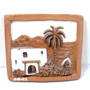 Vintage Ibiza Terracotta Wall Plaque - 3D Mediterranean Clay Folk Art, Mid Century Spanish Pottery Souvenir, Boho Studio Ceramic, Signed 4"